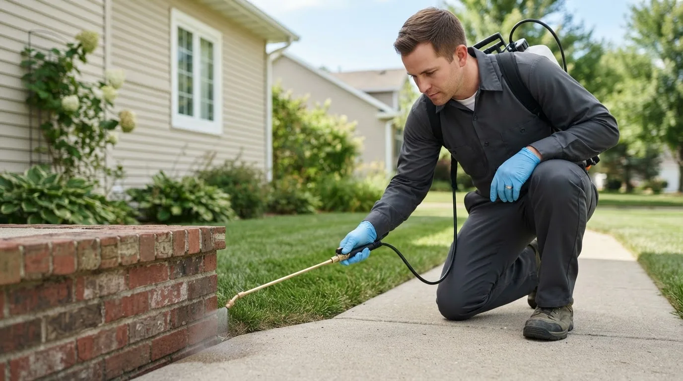 Pest control technician treating a home near West Lafayette, OH