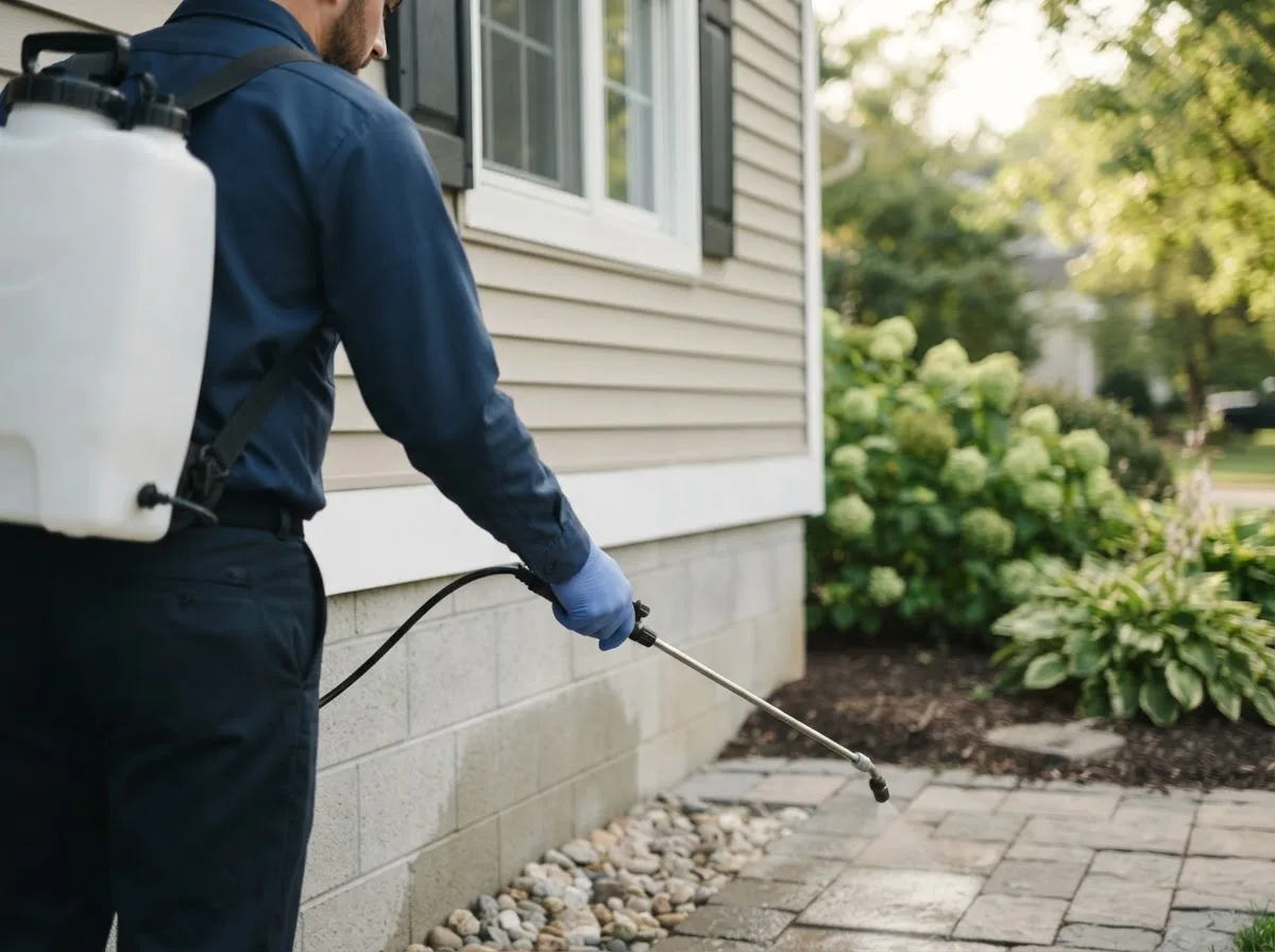 Pest control technician inspecting a home in West Lafayette, OH